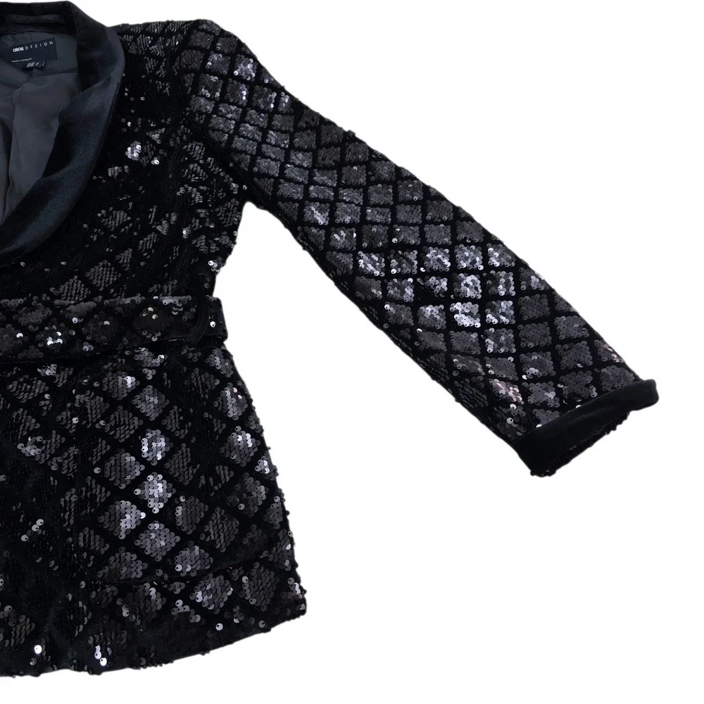 ASOS Design Suit Mens 38/31 Black Sequin Velvet Shawl Lapel Belted Luxury Disco
